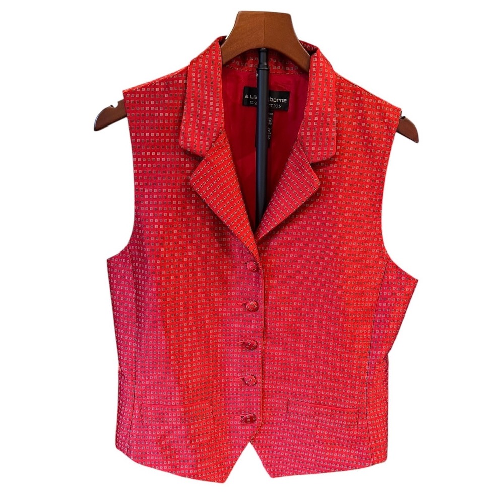 Vtg 90s Liz Claiborne Collection Red‎ Geometric Button Front Cinch Back Vest 8